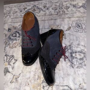 Julia Bo Gray and Black Oxford Shoes with Red Laces